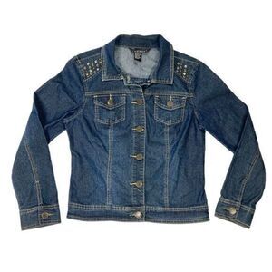 Baccini Denim Jacket Womens Size Medium Blue Dark Washed Embellished Button Up